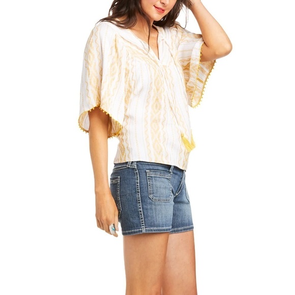 Ariat Tops - Ariat Womens XL Yellow White Striped Tasseled Half-Sleeve Reed Gold Tunic Shirt